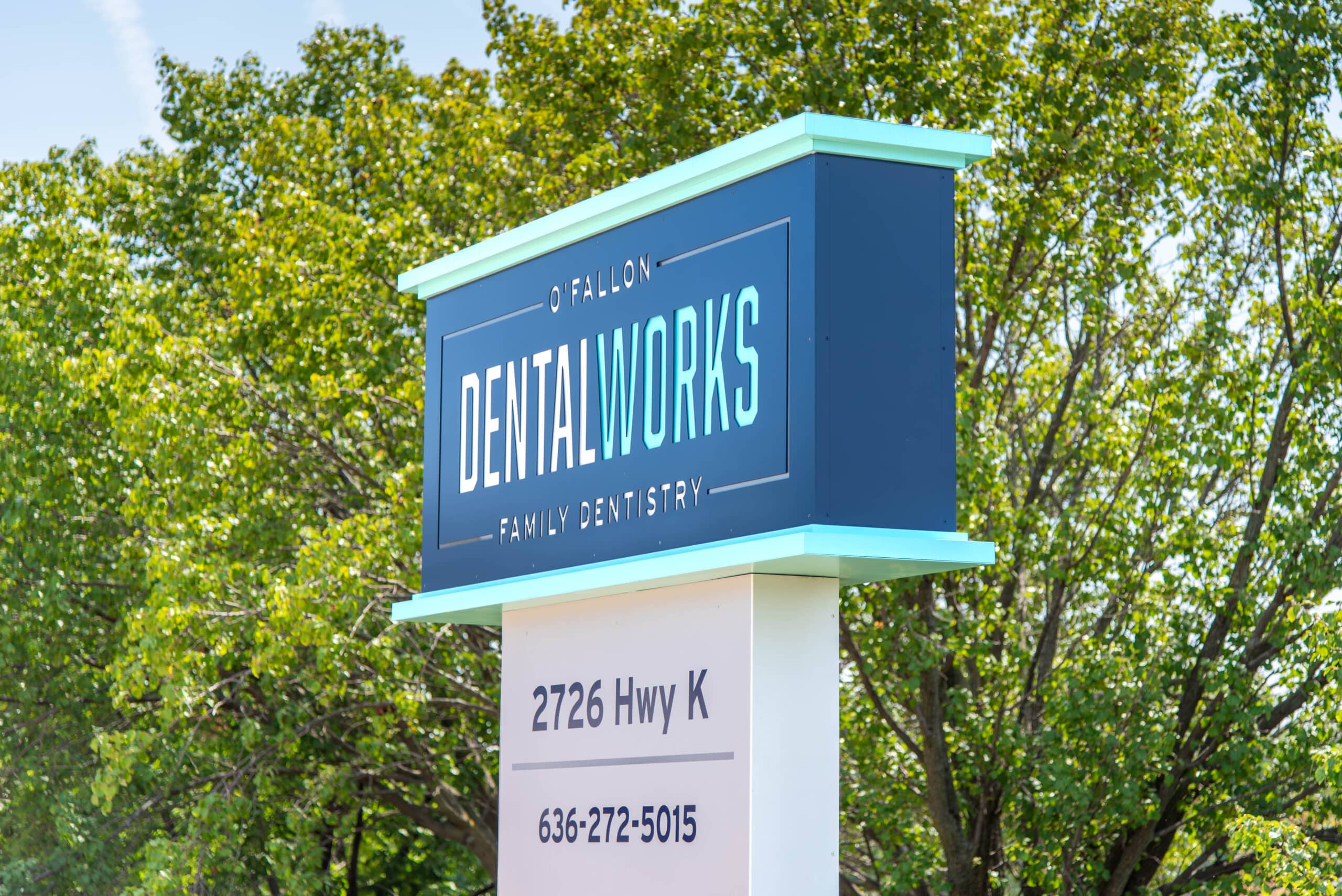 Ofallon-dental-works-outside-office-photos-6 O’fallon dentalworks family dentistry exterior sign displaying the practice name, address, and phone number.